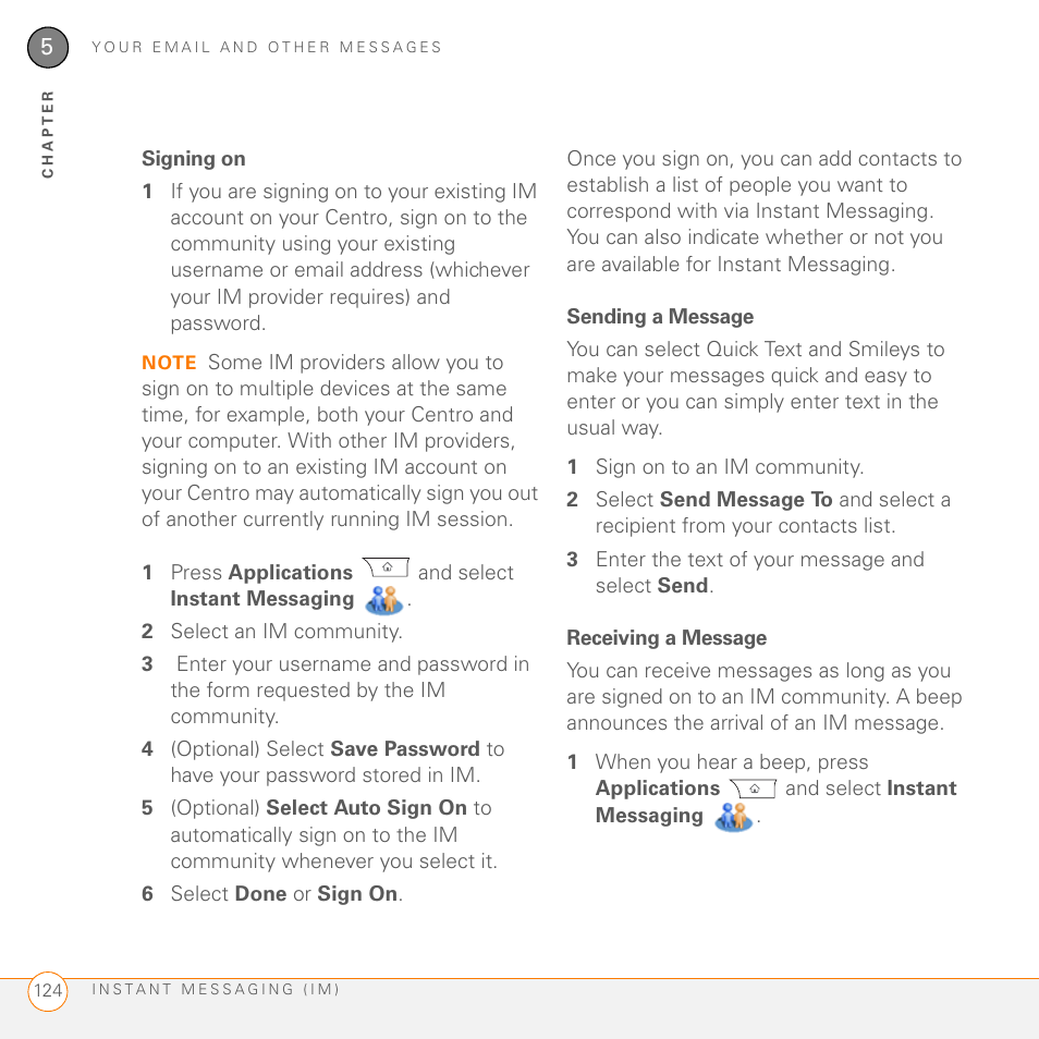 Signing on, Sending a message, Receiving a message | Palm PDA CentroTM Smart Device User Manual | Page 124 / 326