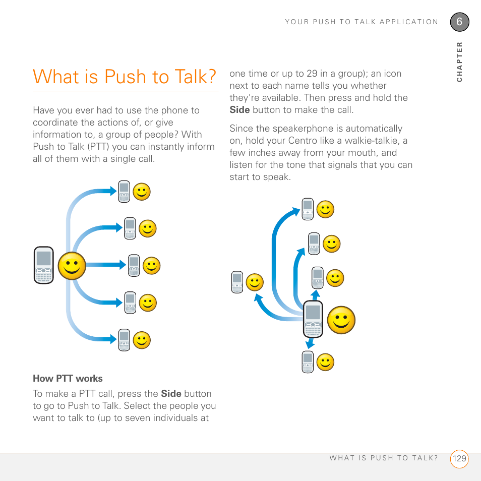 What is push to talk, How ptt works, Hapter | Palm PDA CentroTM Smart Device User Manual | Page 129 / 326