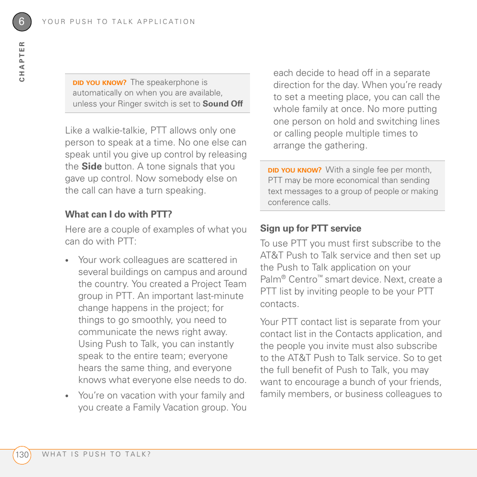 What can i do with ptt, Sign up for ptt service, Centro | Palm PDA CentroTM Smart Device User Manual | Page 130 / 326