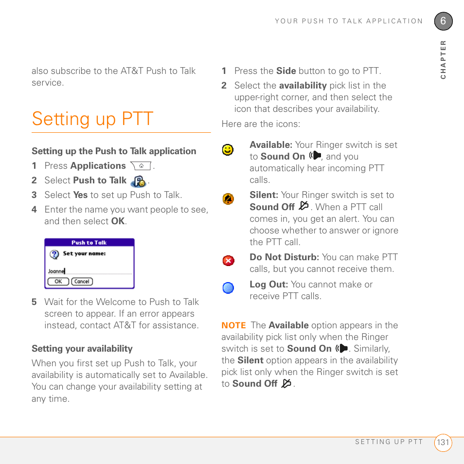 Setting up ptt, Setting up the push to talk application, Setting your availability | Palm PDA CentroTM Smart Device User Manual | Page 131 / 326