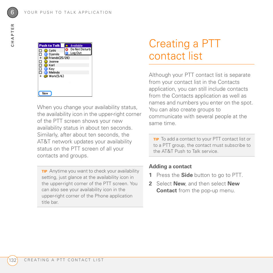 Creating a ptt contact list, Adding a contact | Palm PDA CentroTM Smart Device User Manual | Page 132 / 326