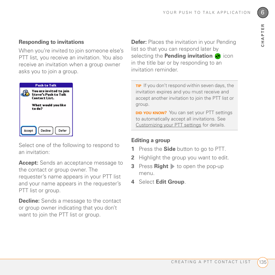 Responding to invitations, Editing a group | Palm PDA CentroTM Smart Device User Manual | Page 135 / 326