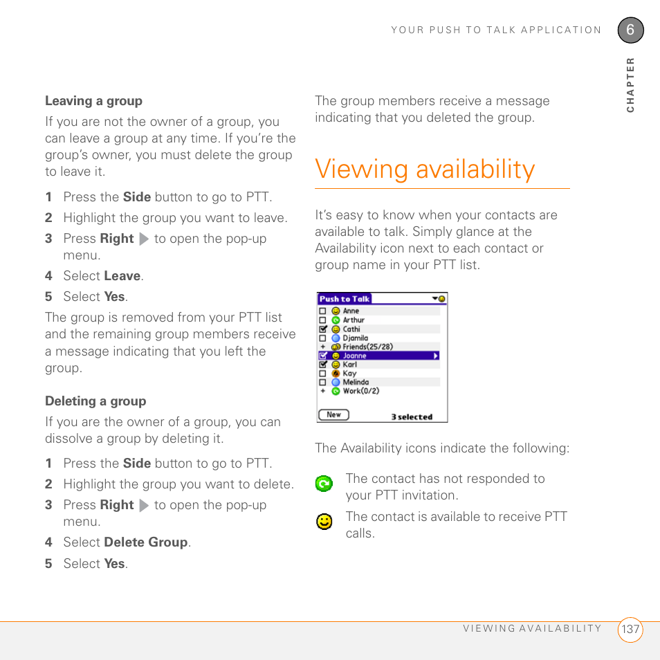 Leaving a group, Deleting a group, Viewing availability | Palm PDA CentroTM Smart Device User Manual | Page 137 / 326