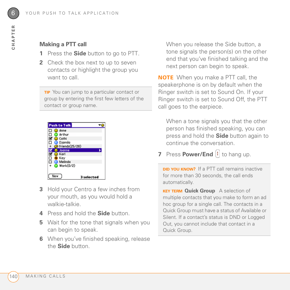 Making a ptt call | Palm PDA CentroTM Smart Device User Manual | Page 140 / 326