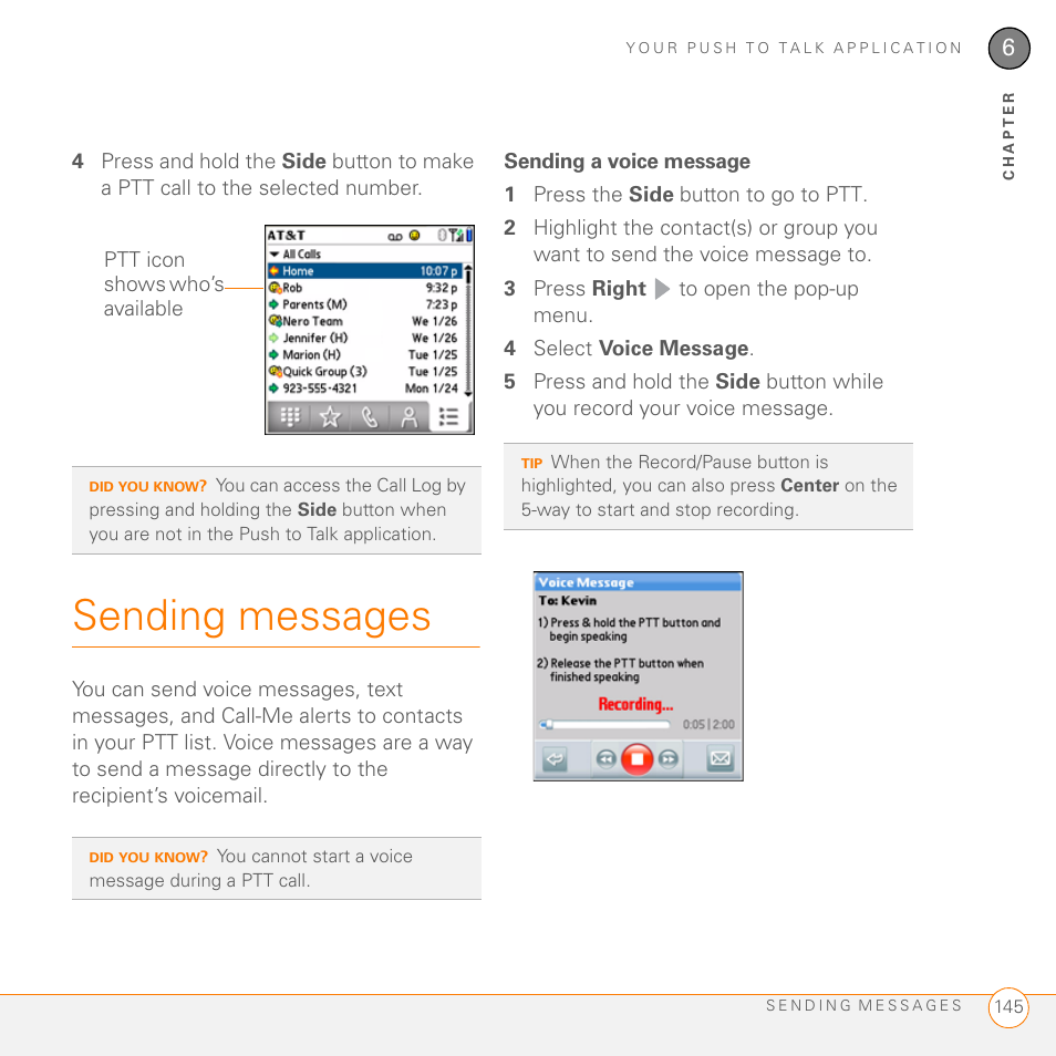 Sending messages, Sending a voice message | Palm PDA CentroTM Smart Device User Manual | Page 145 / 326