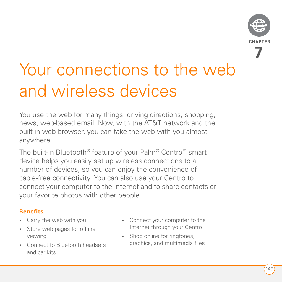 Your connections to the web and wireless devices | Palm PDA CentroTM Smart Device User Manual | Page 149 / 326