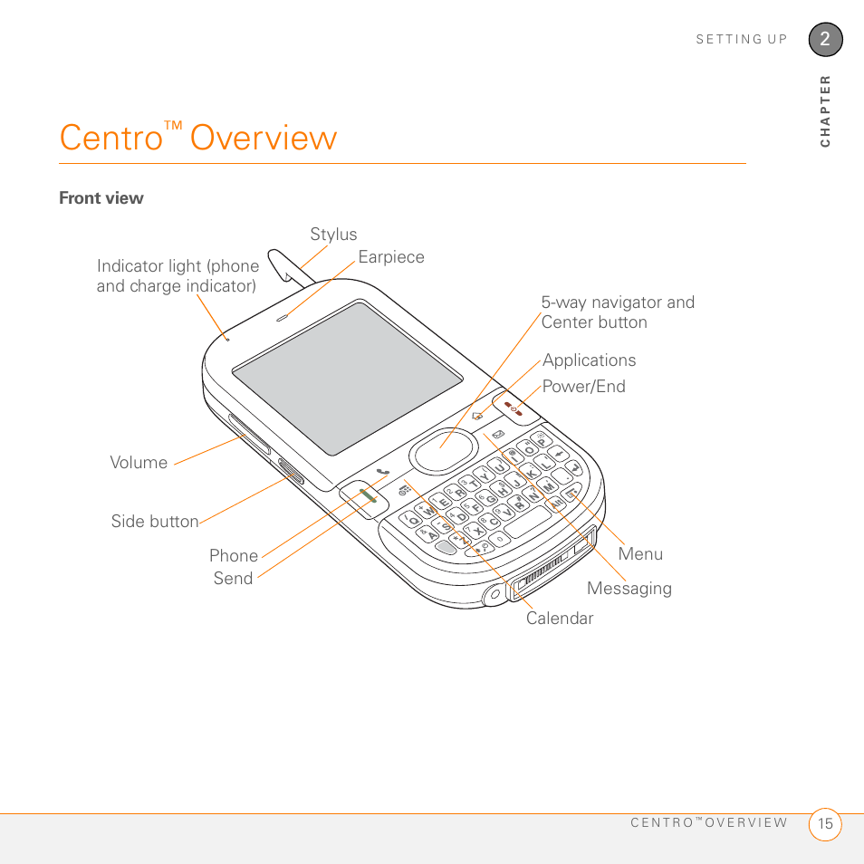 Centro™ overview, Front view, Centro | Overview | Palm PDA CentroTM Smart Device User Manual | Page 15 / 326