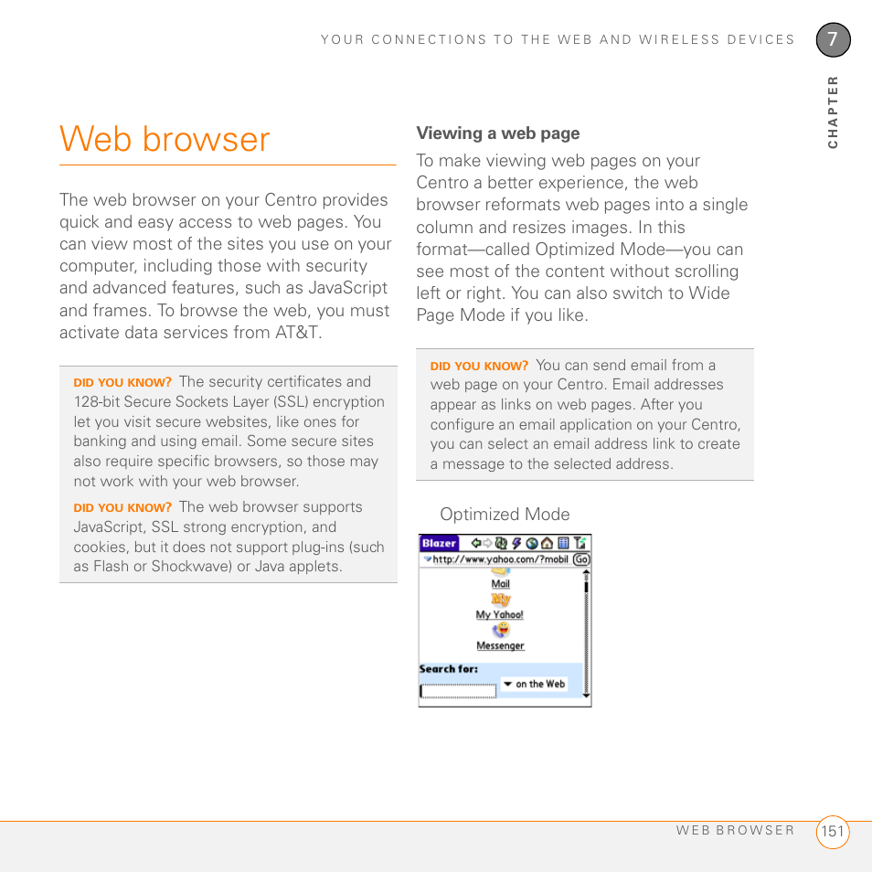 Web browser, Optimized mode | Palm PDA CentroTM Smart Device User Manual | Page 151 / 326