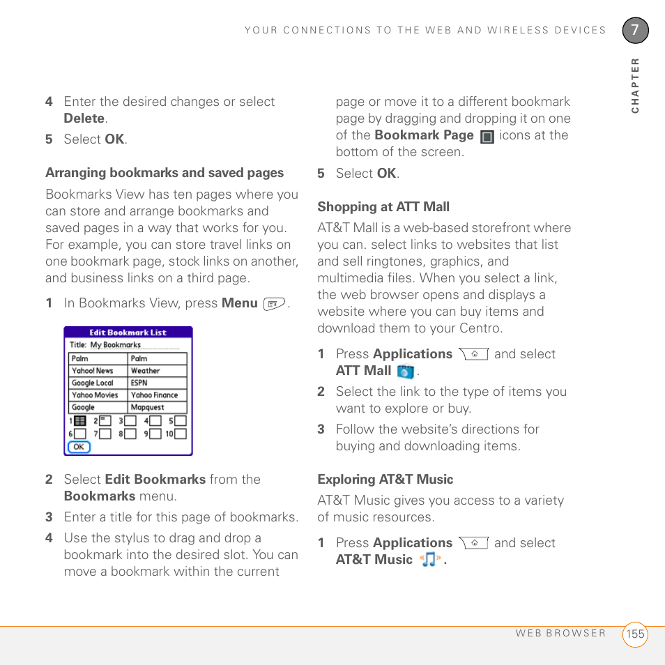 Shopping at att mall, Exploring at&t music | Palm PDA CentroTM Smart Device User Manual | Page 155 / 326