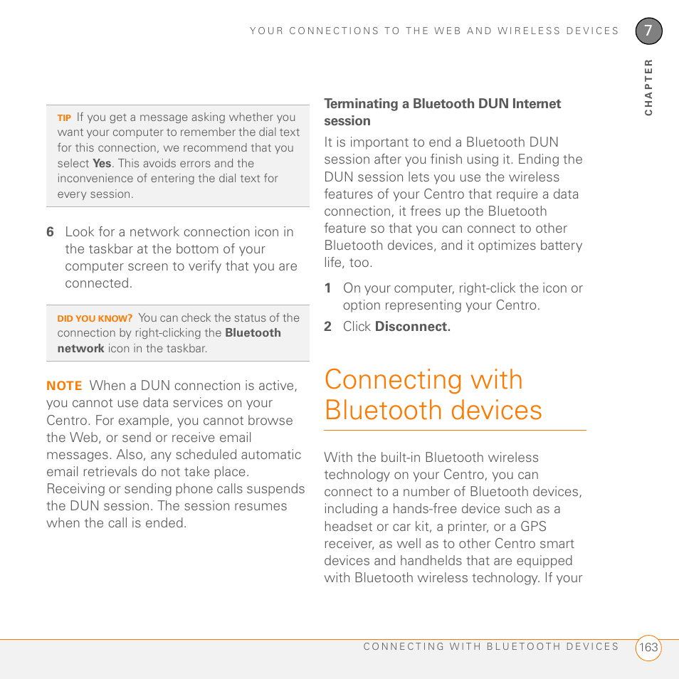 Terminating a bluetooth dun internet session, Connecting with bluetooth devices | Palm PDA CentroTM Smart Device User Manual | Page 163 / 326