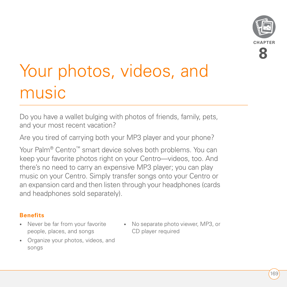 Your photos, videos, and music | Palm PDA CentroTM Smart Device User Manual | Page 169 / 326