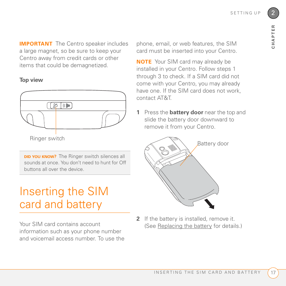 Top view, Inserting the sim card and battery | Palm PDA CentroTM Smart Device User Manual | Page 17 / 326
