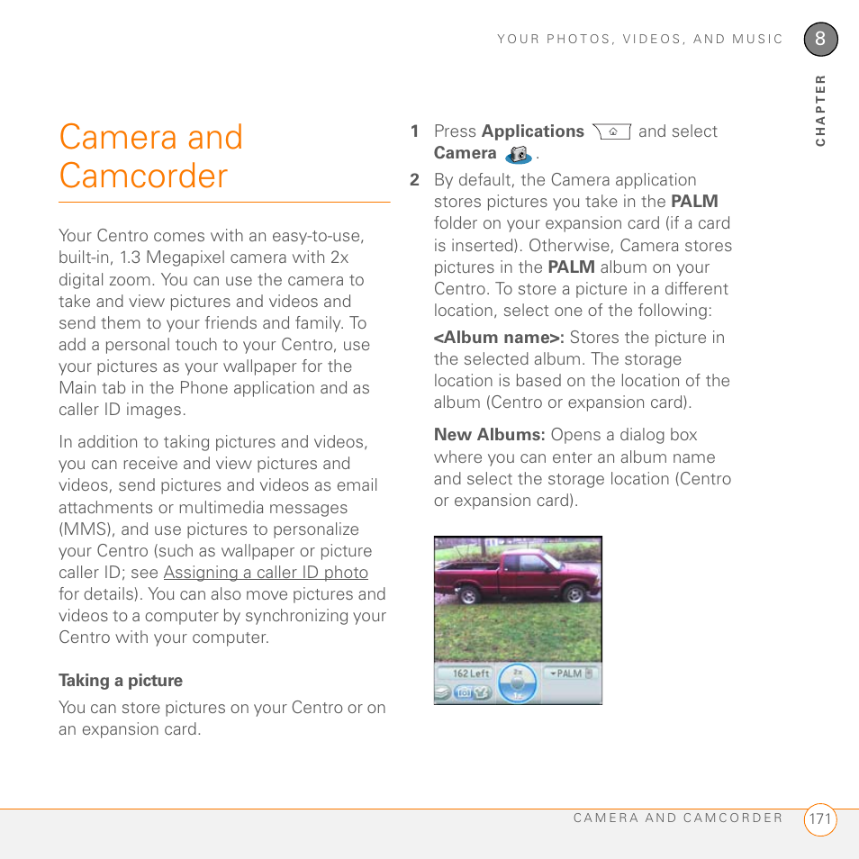 Camera and camcorder, Taking a picture | Palm PDA CentroTM Smart Device User Manual | Page 171 / 326