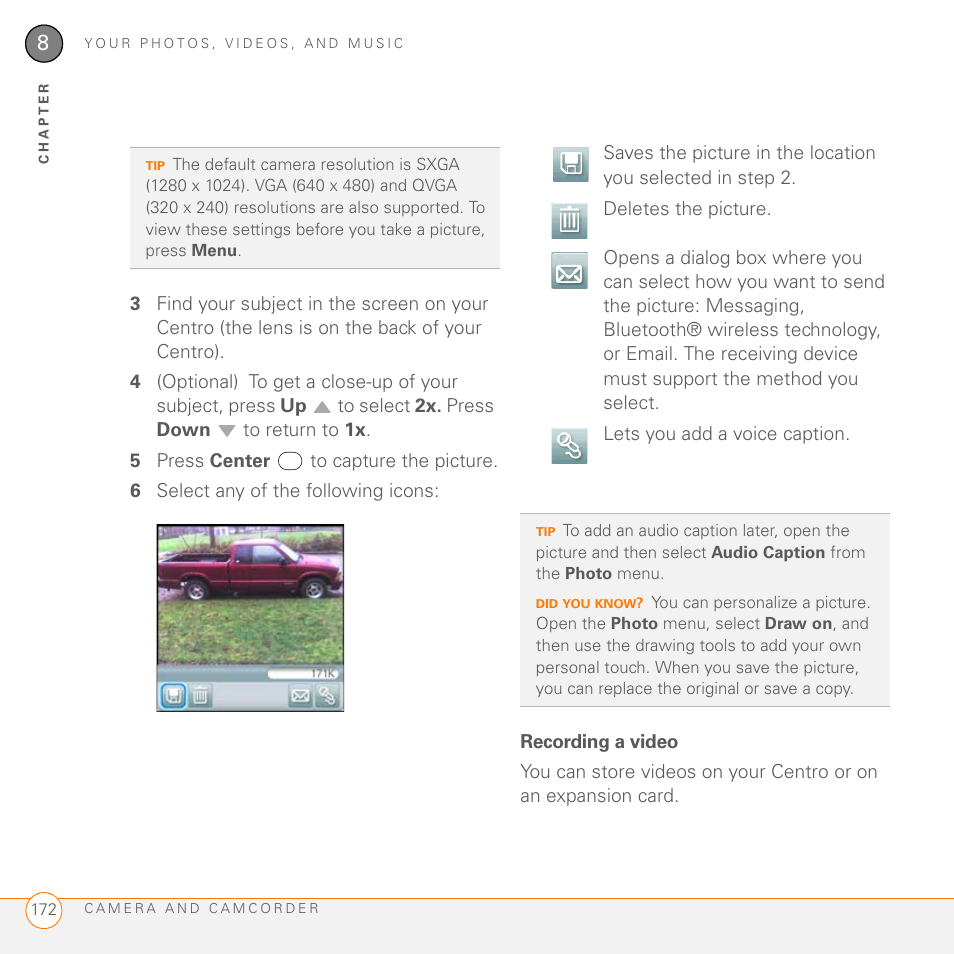 Recording a video | Palm PDA CentroTM Smart Device User Manual | Page 172 / 326