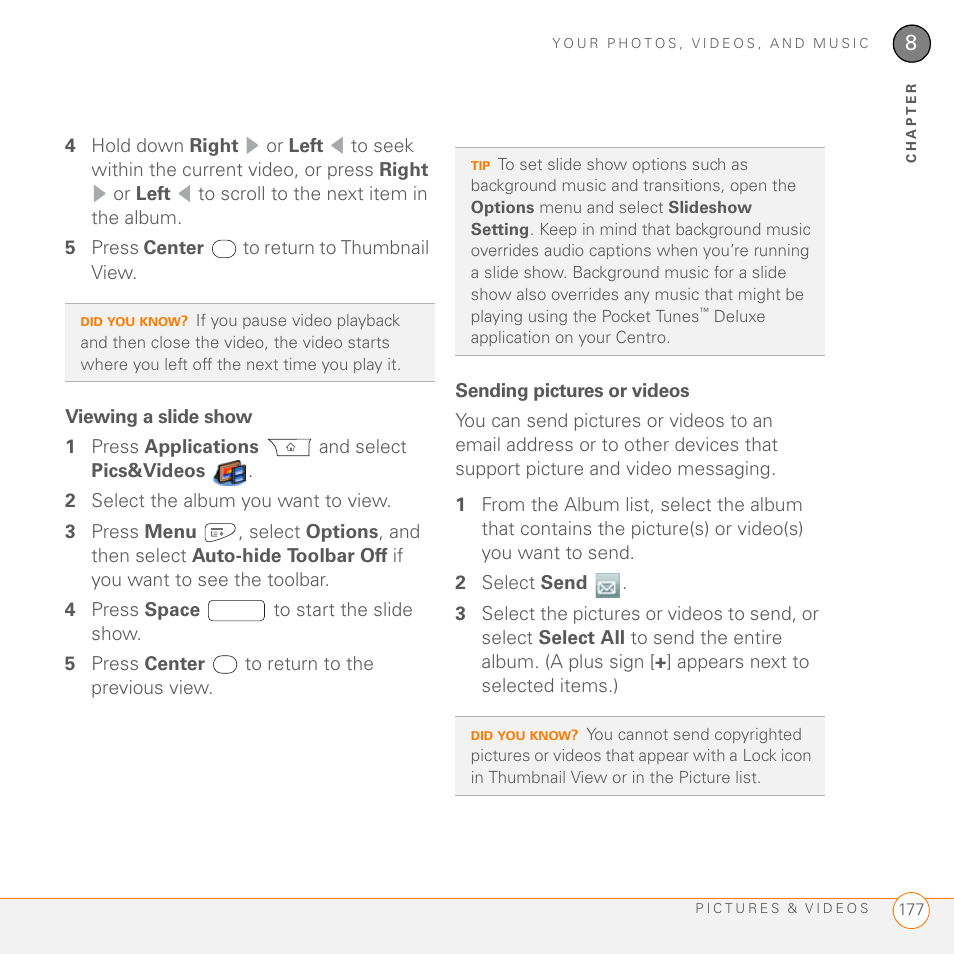 Viewing a slide show, Sending pictures or videos | Palm PDA CentroTM Smart Device User Manual | Page 177 / 326