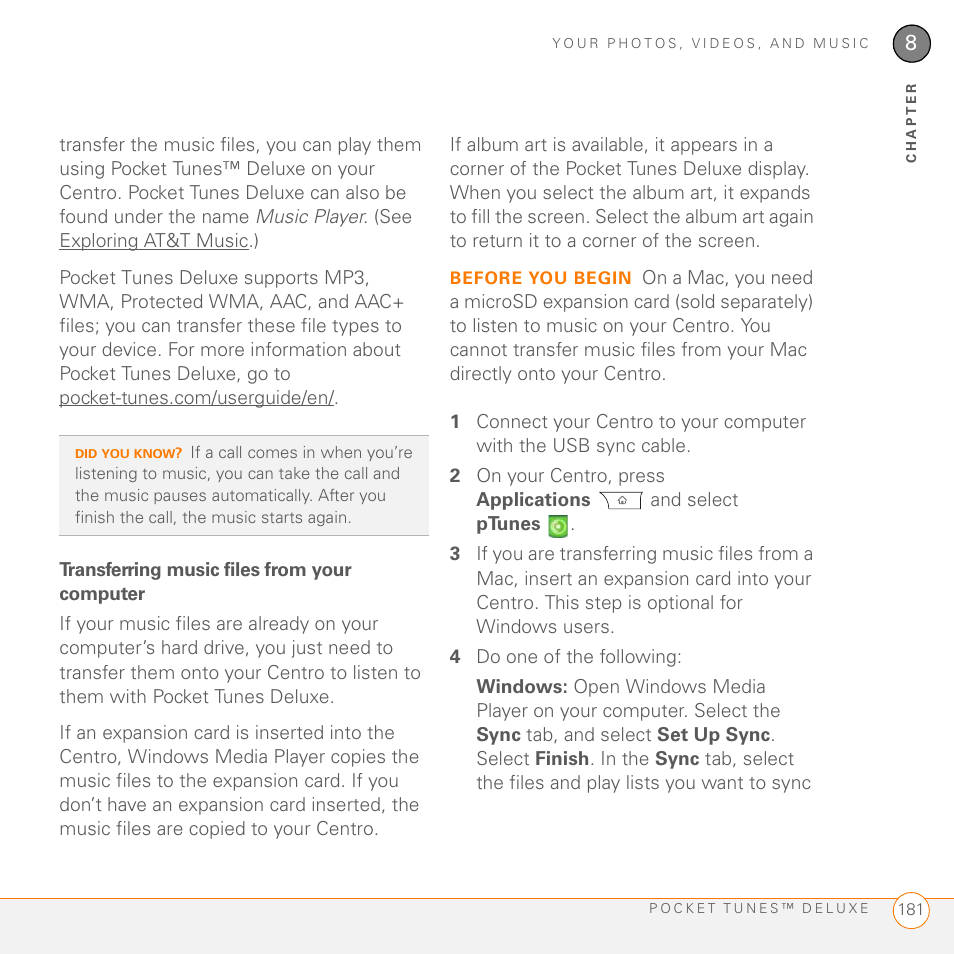 Transferring music files from your computer | Palm PDA CentroTM Smart Device User Manual | Page 181 / 326