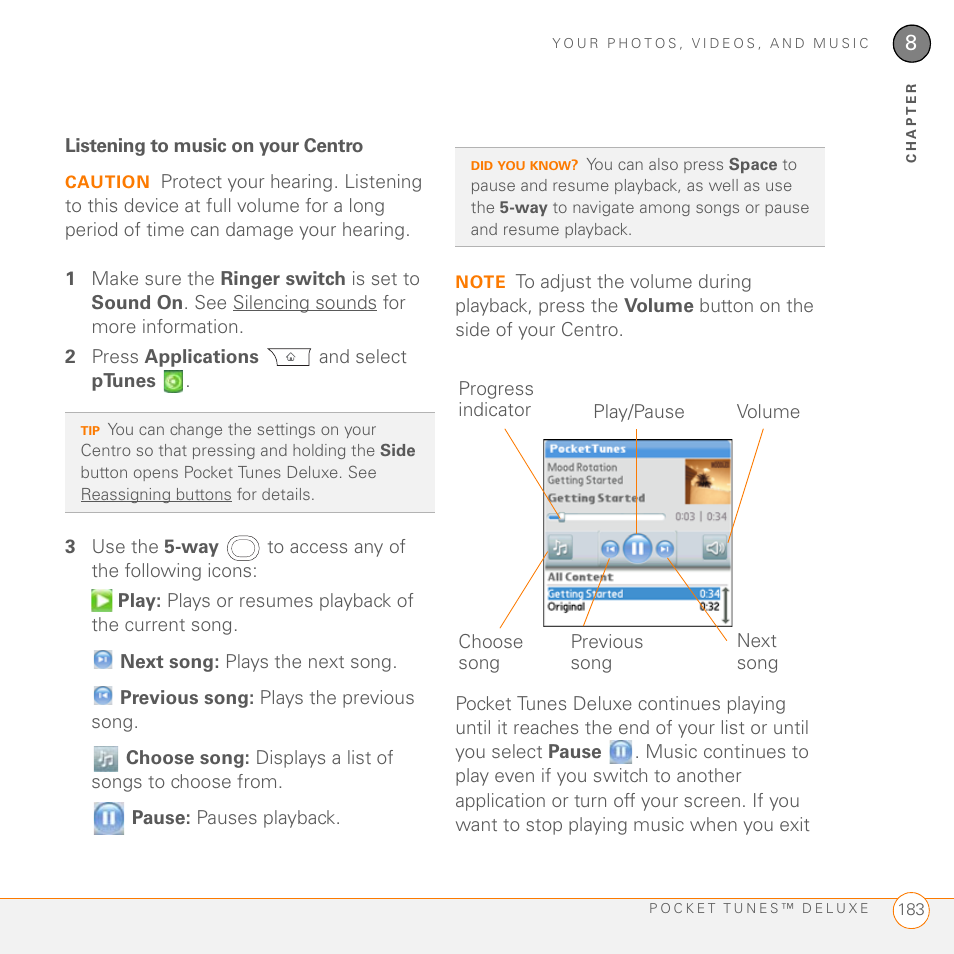 Listening to music on your centro | Palm PDA CentroTM Smart Device User Manual | Page 183 / 326
