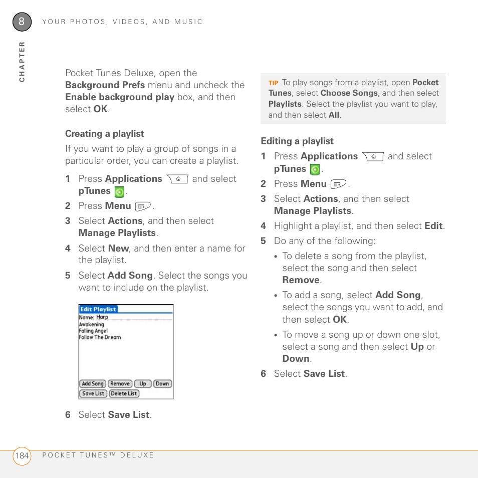 Creating a playlist, Editing a playlist | Palm PDA CentroTM Smart Device User Manual | Page 184 / 326