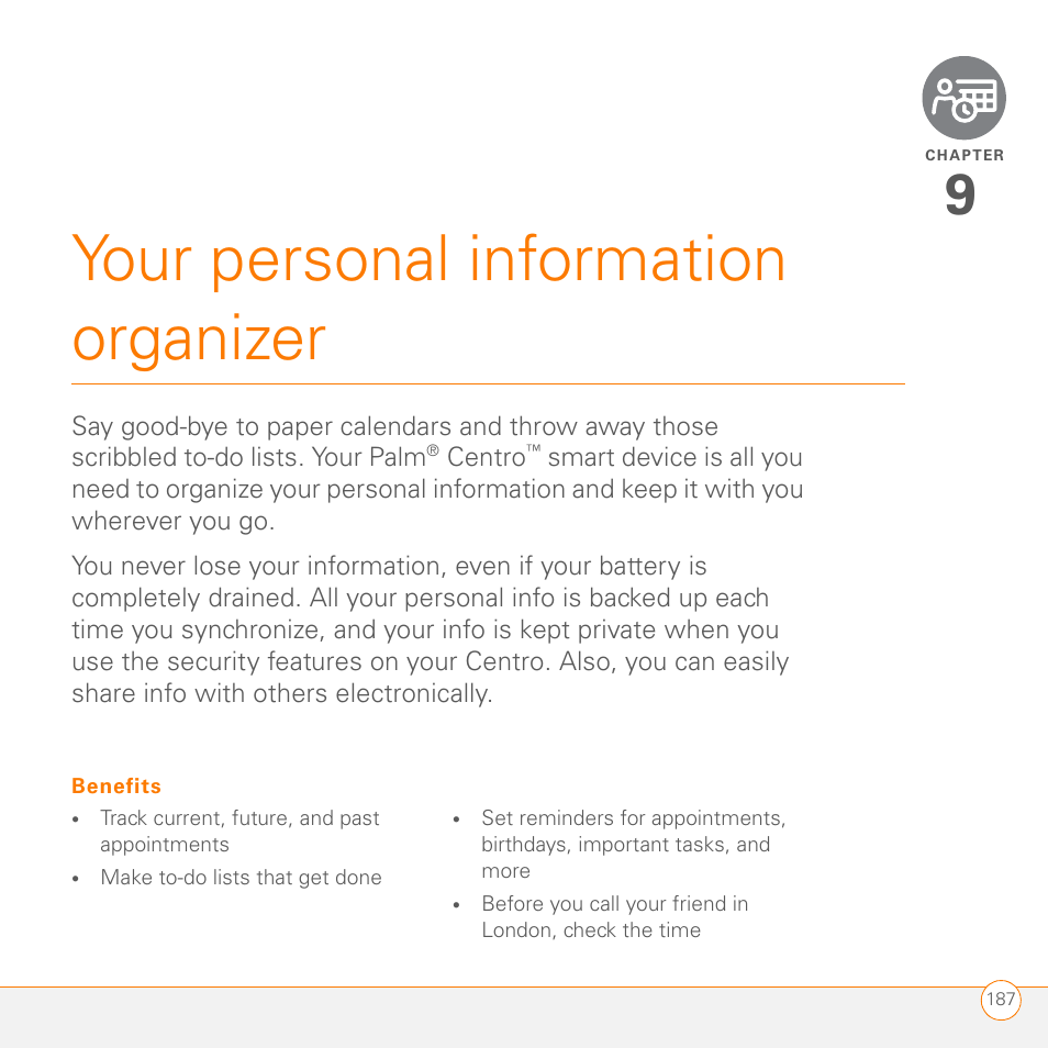 Your personal information organizer | Palm PDA CentroTM Smart Device User Manual | Page 187 / 326