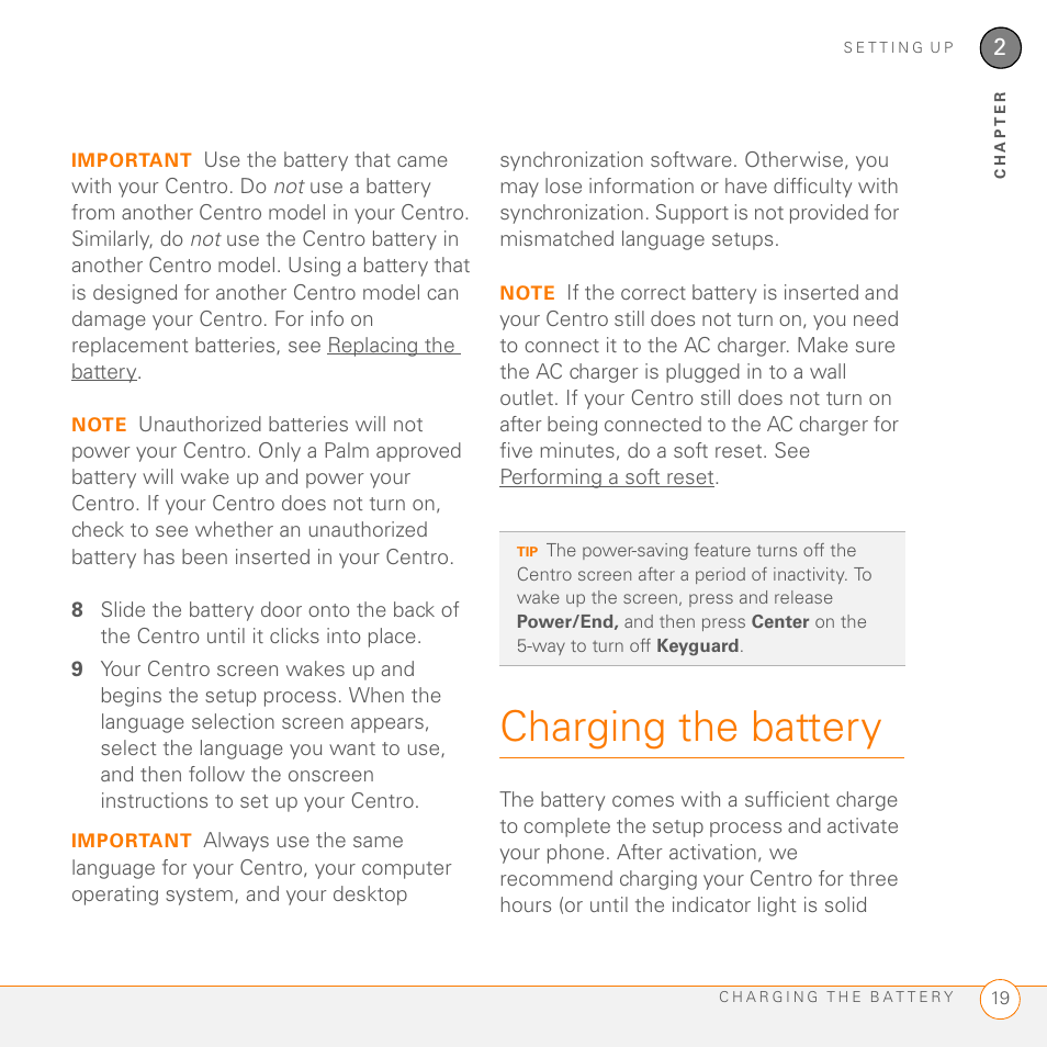 Charging the battery | Palm PDA CentroTM Smart Device User Manual | Page 19 / 326