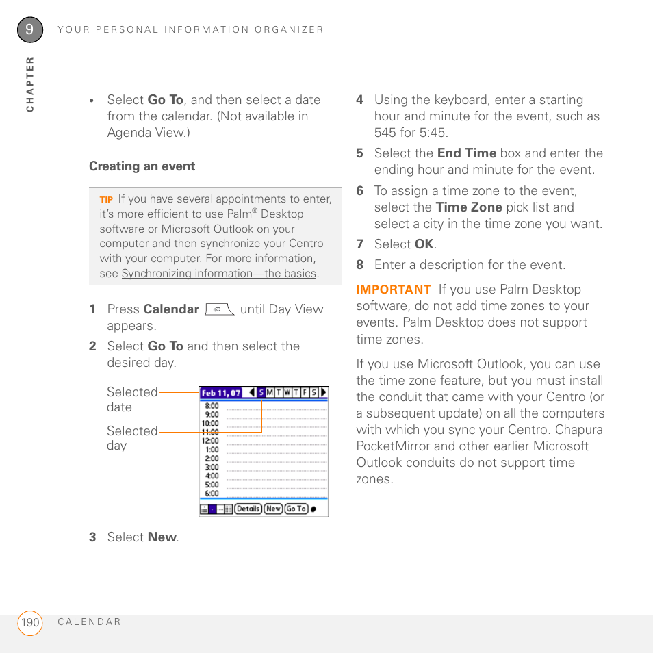 Creating an event | Palm PDA CentroTM Smart Device User Manual | Page 190 / 326