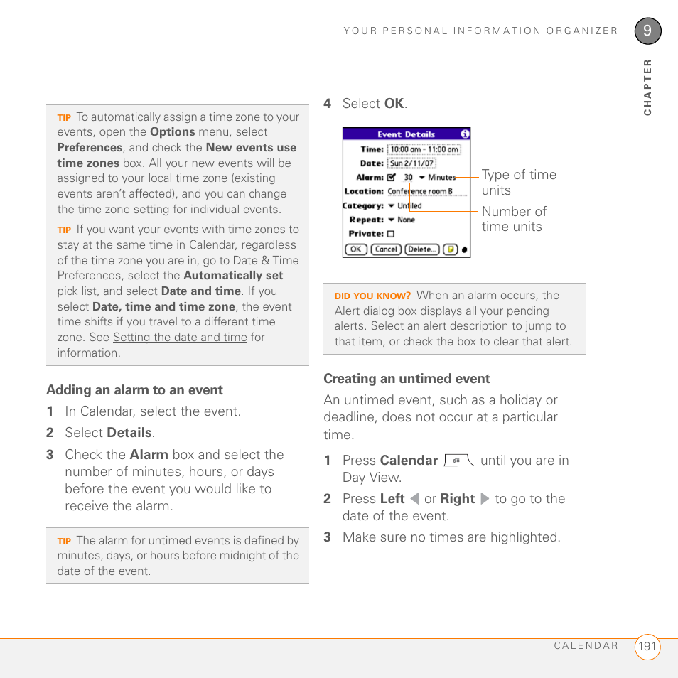 Adding an alarm to an event, Creating an untimed event | Palm PDA CentroTM Smart Device User Manual | Page 191 / 326