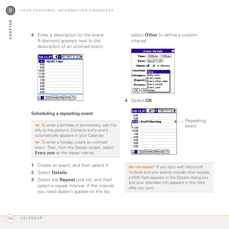 Scheduling a repeating event | Palm PDA CentroTM Smart Device User Manual | Page 192 / 326