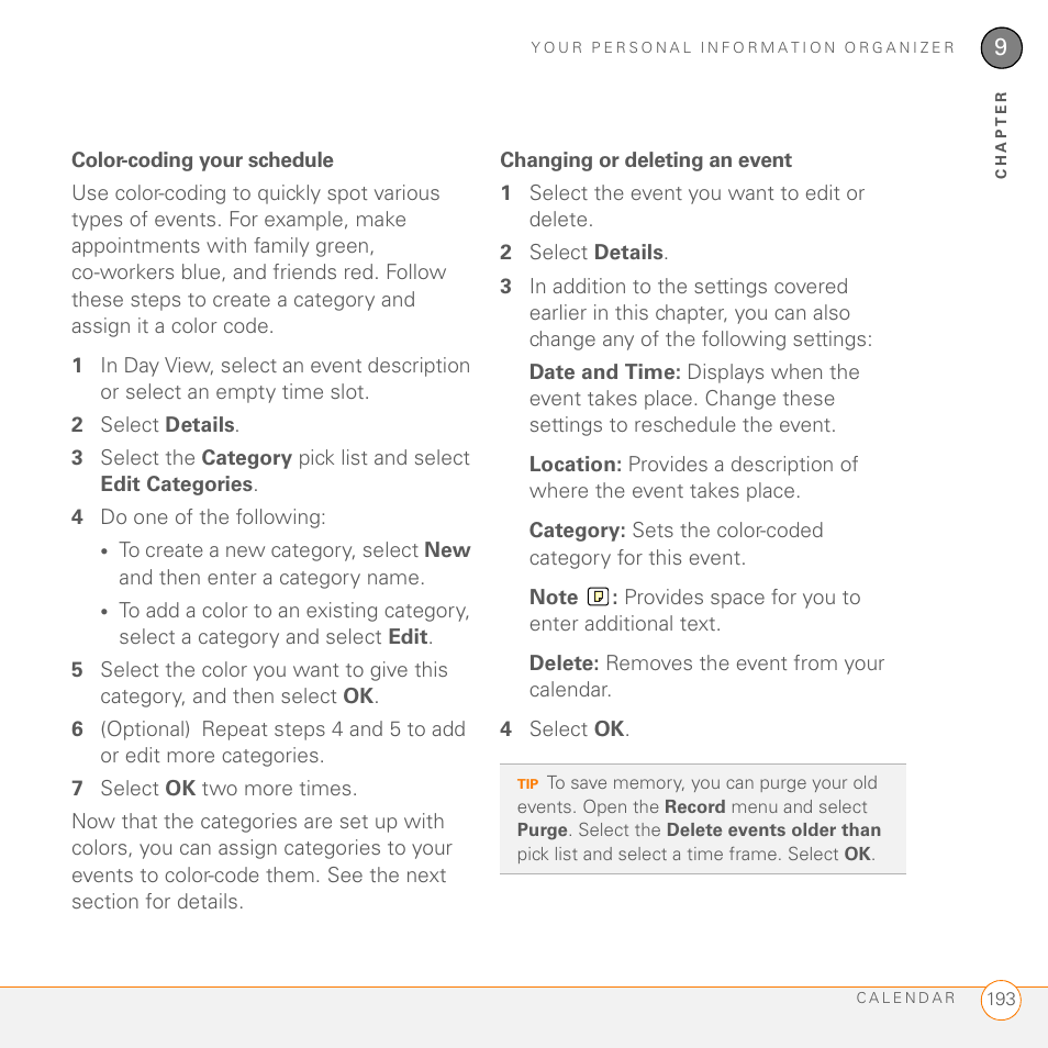 Color-coding your schedule, Changing or deleting an event | Palm PDA CentroTM Smart Device User Manual | Page 193 / 326