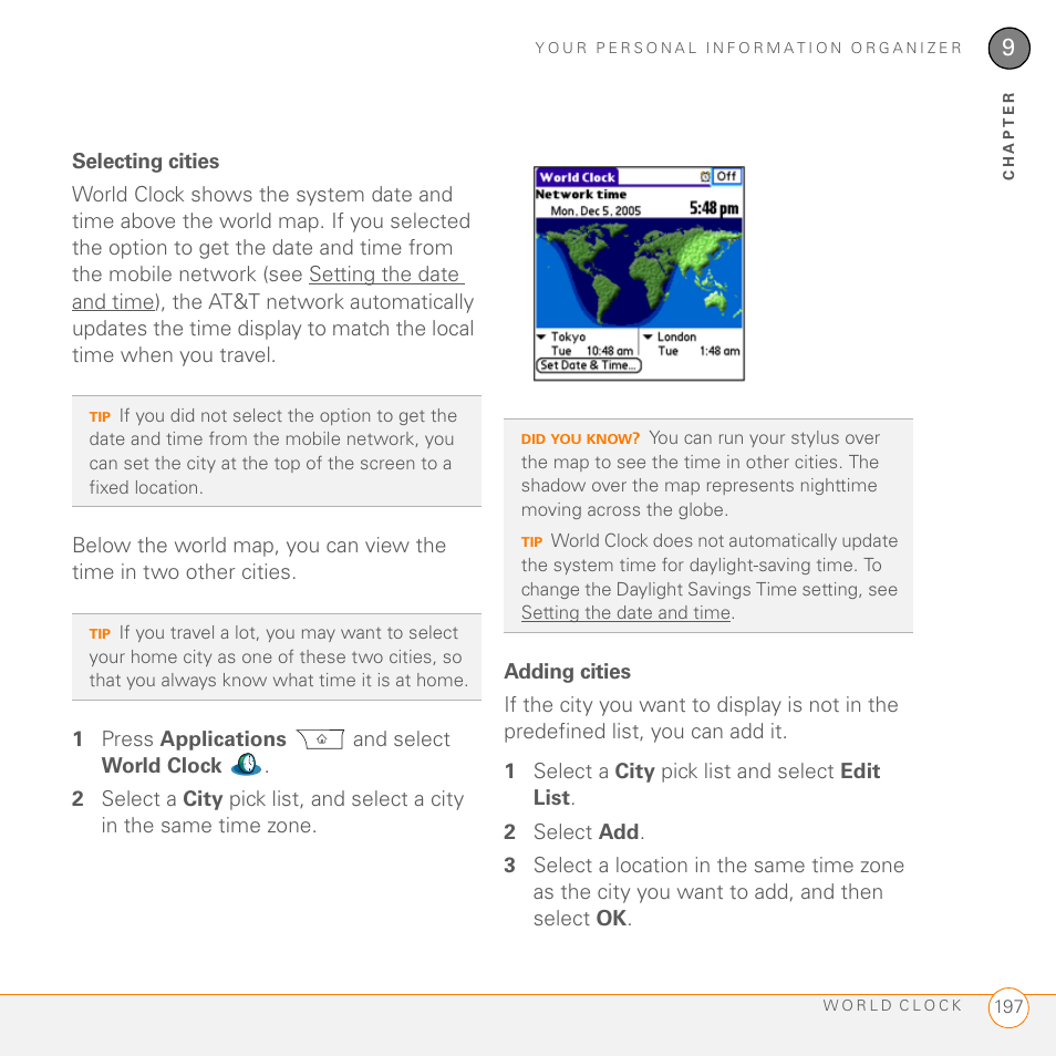 Selecting cities, Adding cities | Palm PDA CentroTM Smart Device User Manual | Page 197 / 326