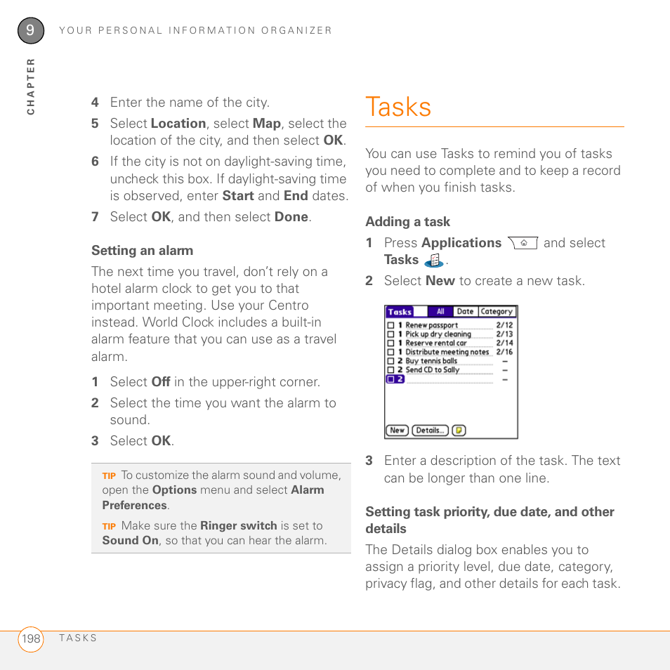 Setting an alarm, Tasks, Adding a task | Setting task priority, due date, and other details | Palm PDA CentroTM Smart Device User Manual | Page 198 / 326