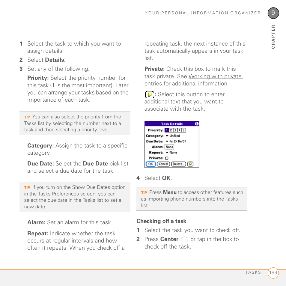 Checking off a task | Palm PDA CentroTM Smart Device User Manual | Page 199 / 326