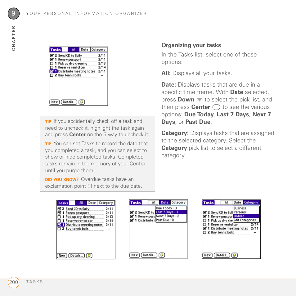 Organizing your tasks | Palm PDA CentroTM Smart Device User Manual | Page 200 / 326