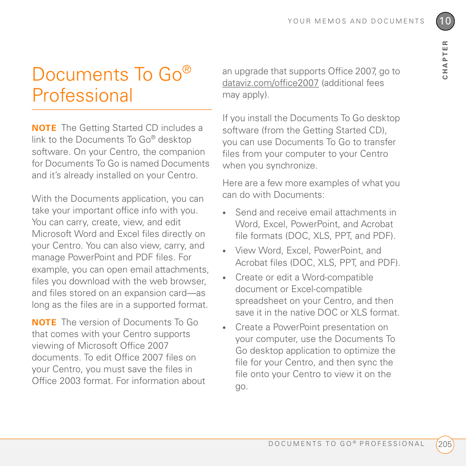 Documents to go® professional, Documents to go, Professional | Palm PDA CentroTM Smart Device User Manual | Page 205 / 326