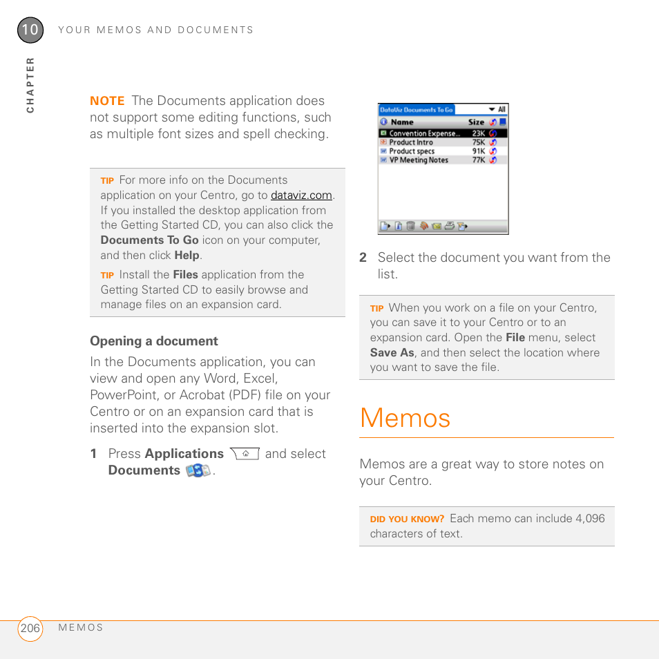 Opening a document, Memos | Palm PDA CentroTM Smart Device User Manual | Page 206 / 326