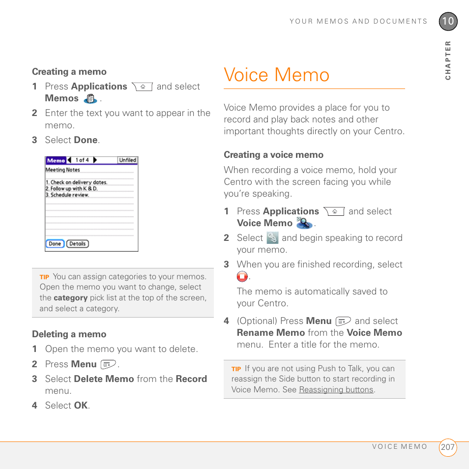 Creating a memo, Deleting a memo, Voice memo | Creating a voice memo | Palm PDA CentroTM Smart Device User Manual | Page 207 / 326