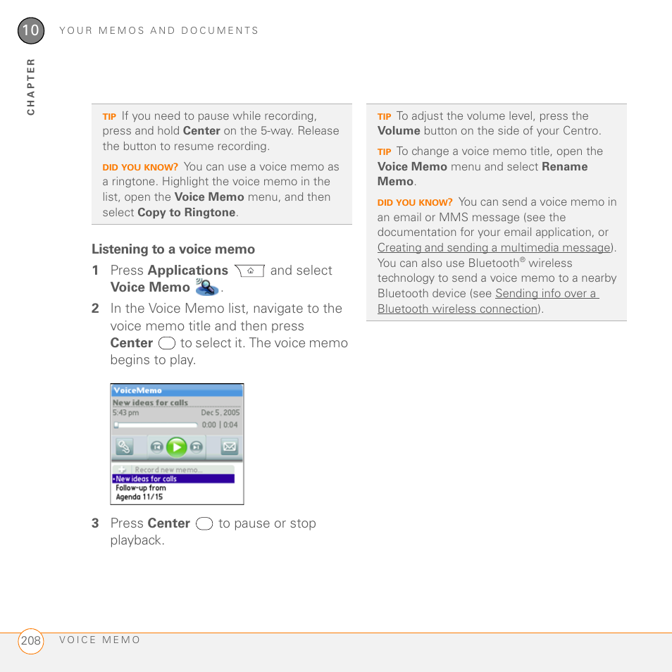 Listening to a voice memo | Palm PDA CentroTM Smart Device User Manual | Page 208 / 326