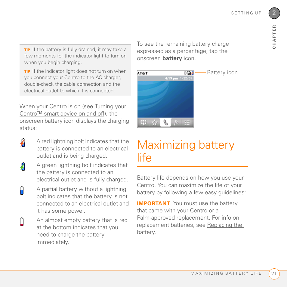 Maximizing battery life | Palm PDA CentroTM Smart Device User Manual | Page 21 / 326