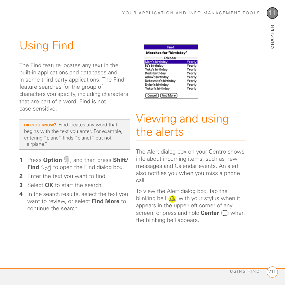 Using find, Viewing and using the alerts, Using find viewing and using the alerts | Palm PDA CentroTM Smart Device User Manual | Page 211 / 326