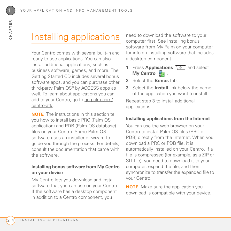 Installing applications, Installing applications from the internet | Palm PDA CentroTM Smart Device User Manual | Page 214 / 326