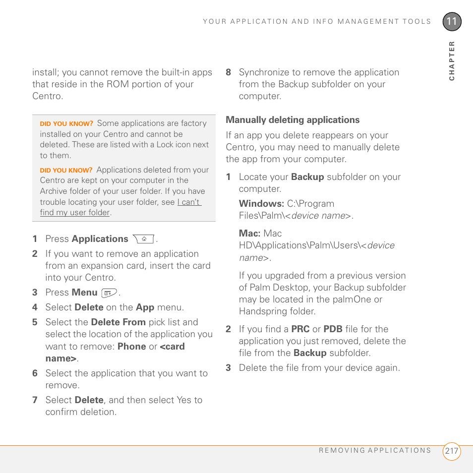 Manually deleting applications | Palm PDA CentroTM Smart Device User Manual | Page 217 / 326