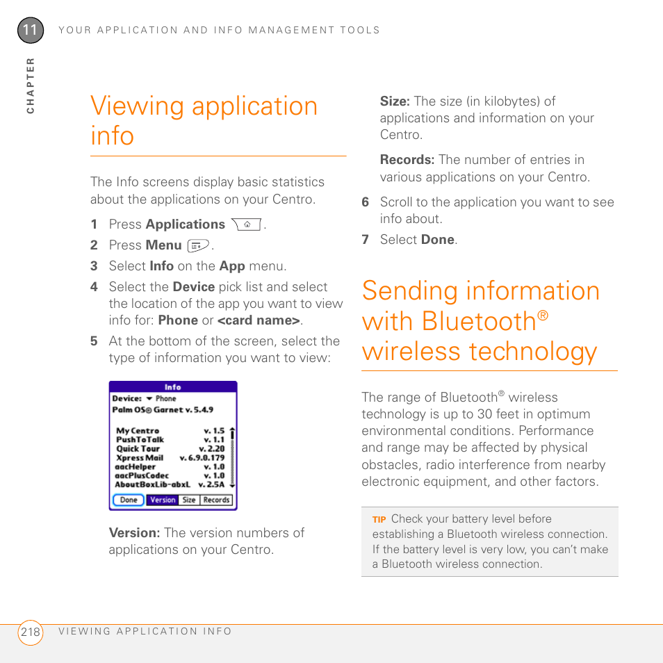 Viewing application info, Sending information with bluetooth, Wireless technology | Palm PDA CentroTM Smart Device User Manual | Page 218 / 326