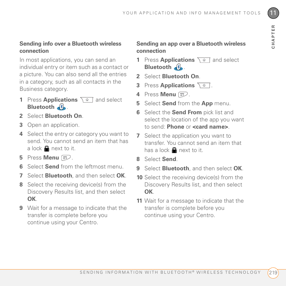 Sending info over a bluetooth wireless connection | Palm PDA CentroTM Smart Device User Manual | Page 219 / 326