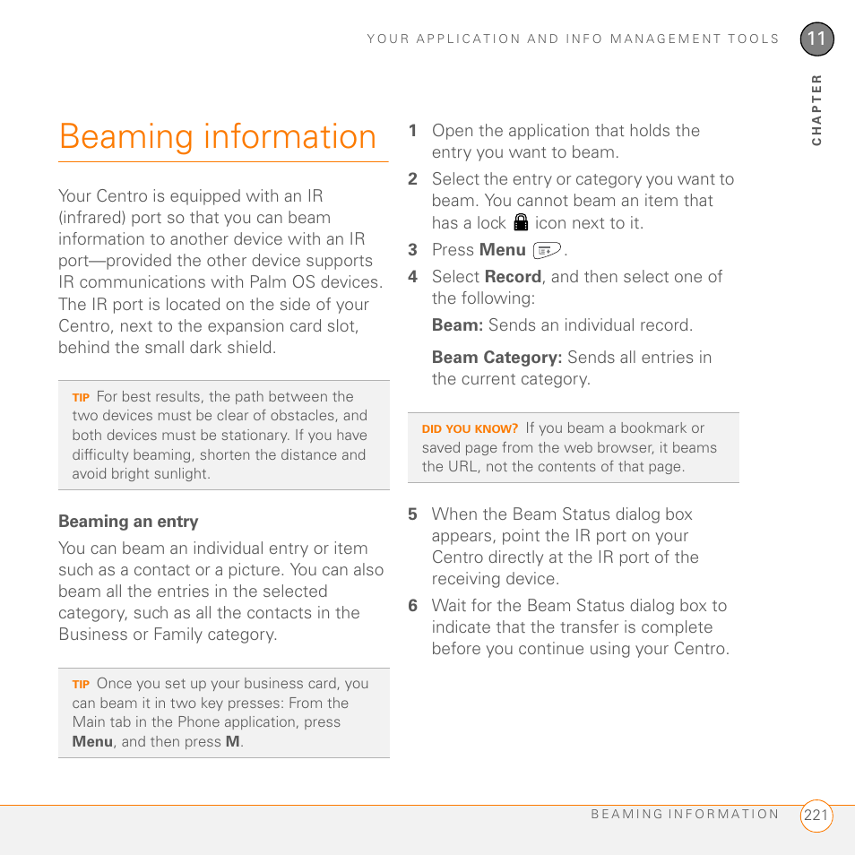 Beaming information, Beaming an entry | Palm PDA CentroTM Smart Device User Manual | Page 221 / 326