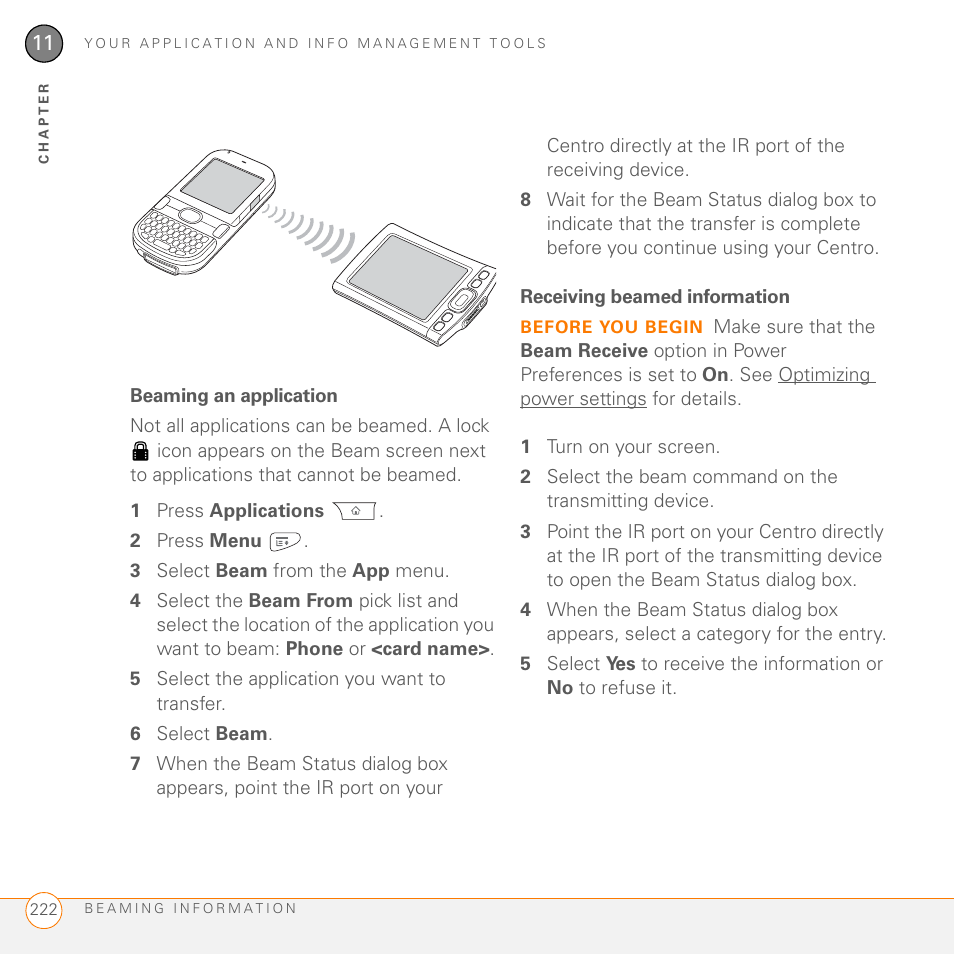 Beaming an application, Receiving beamed information | Palm PDA CentroTM Smart Device User Manual | Page 222 / 326