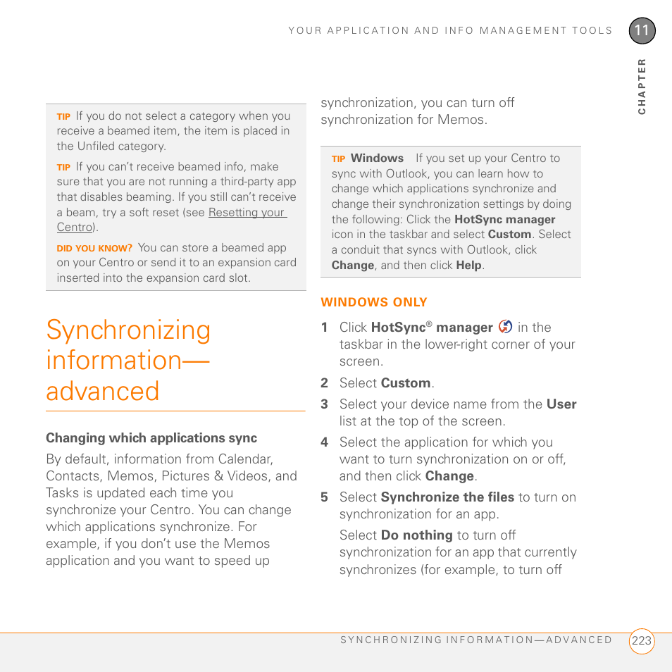 Synchronizing information- advanced, Changing which applications sync, Synchronizing information—advanced | Synchronizing information— advanced | Palm PDA CentroTM Smart Device User Manual | Page 223 / 326