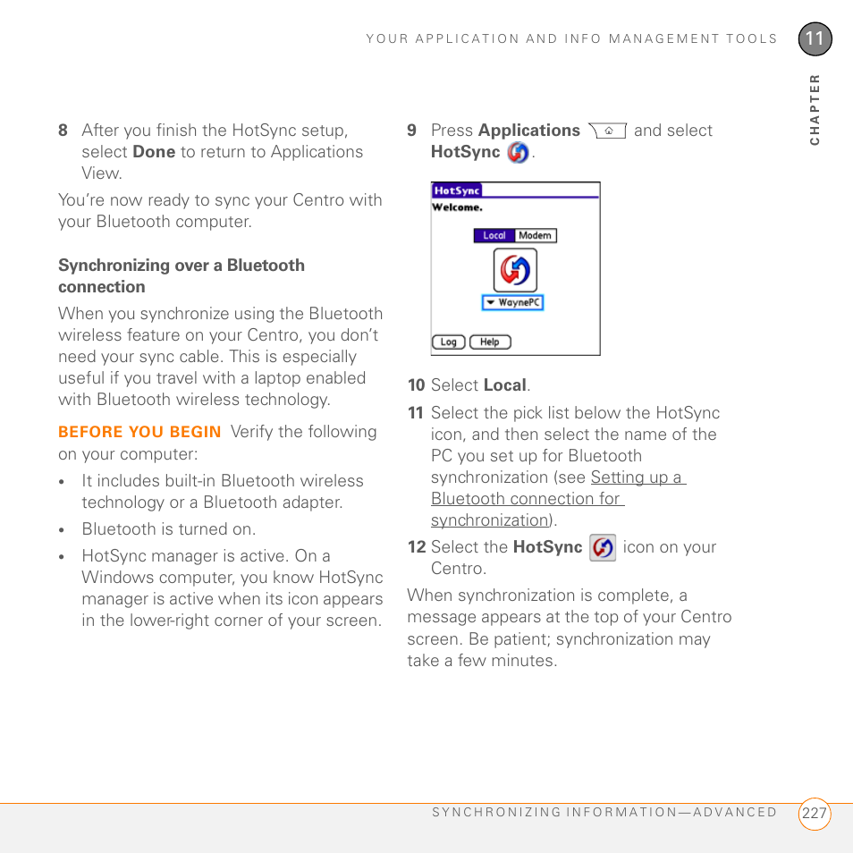 Synchronizing over a bluetooth connection | Palm PDA CentroTM Smart Device User Manual | Page 227 / 326