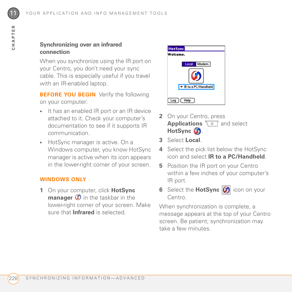 Synchronizing over an infrared connection | Palm PDA CentroTM Smart Device User Manual | Page 228 / 326