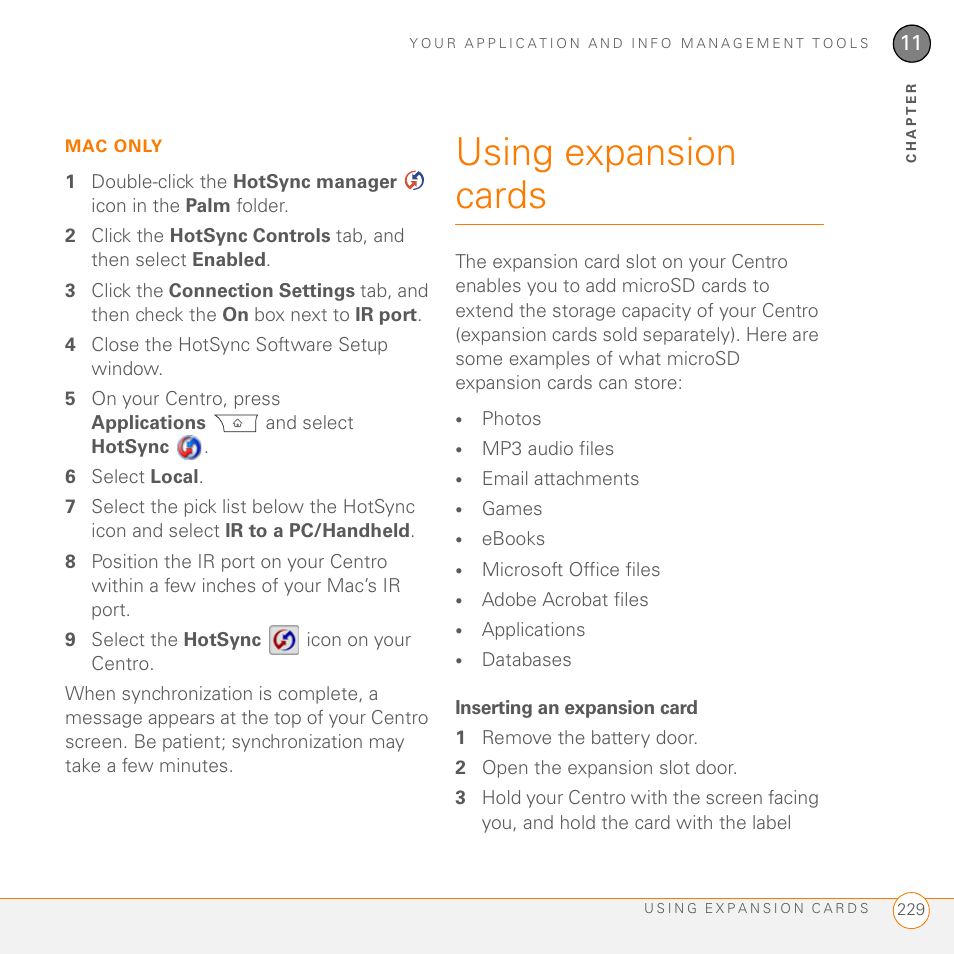 Using expansion cards, Inserting an expansion card | Palm PDA CentroTM Smart Device User Manual | Page 229 / 326