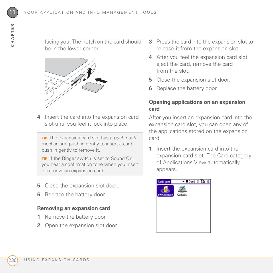 Removing an expansion card, Opening applications on an expansion card | Palm PDA CentroTM Smart Device User Manual | Page 230 / 326