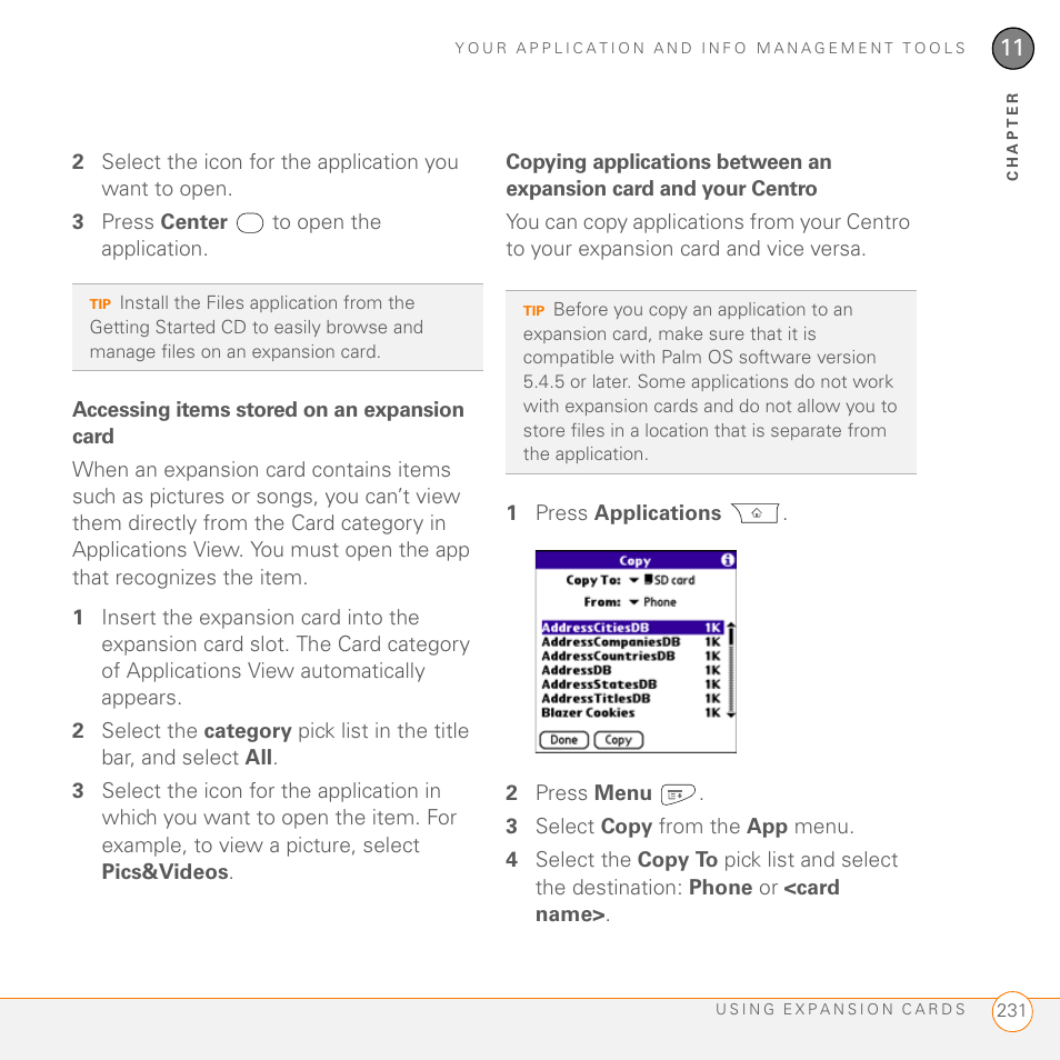 Accessing items stored on an expansion card | Palm PDA CentroTM Smart Device User Manual | Page 231 / 326